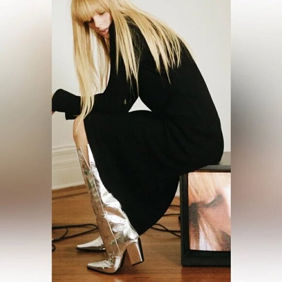 ZARA 100% LEATHER METALLIC HEELED KNEE HIGH BOOTS - Picture 10 of 13